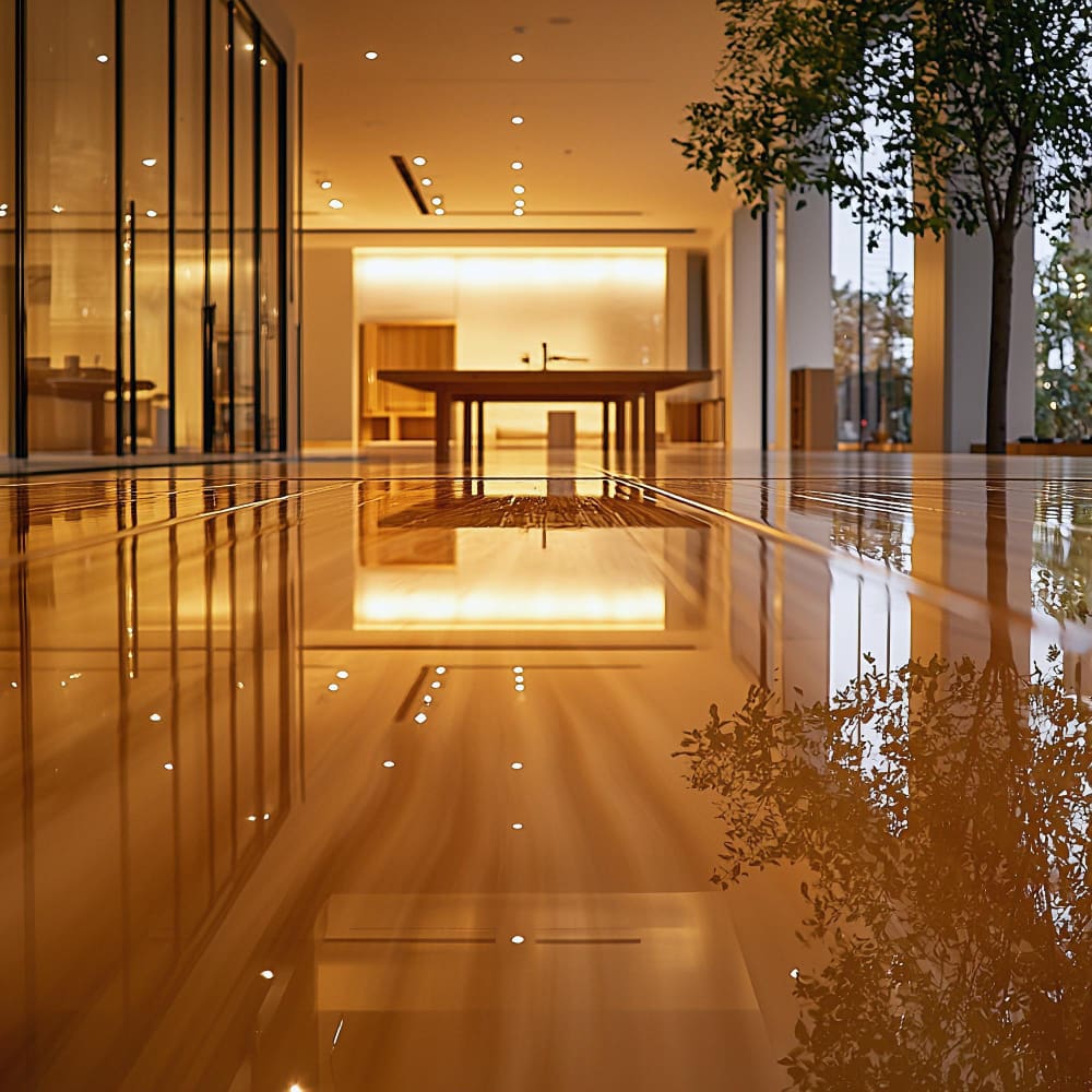 Amber-toned stained concrete floor in a modern residential interior, installed by Black Mountain Epoxy Floors.
